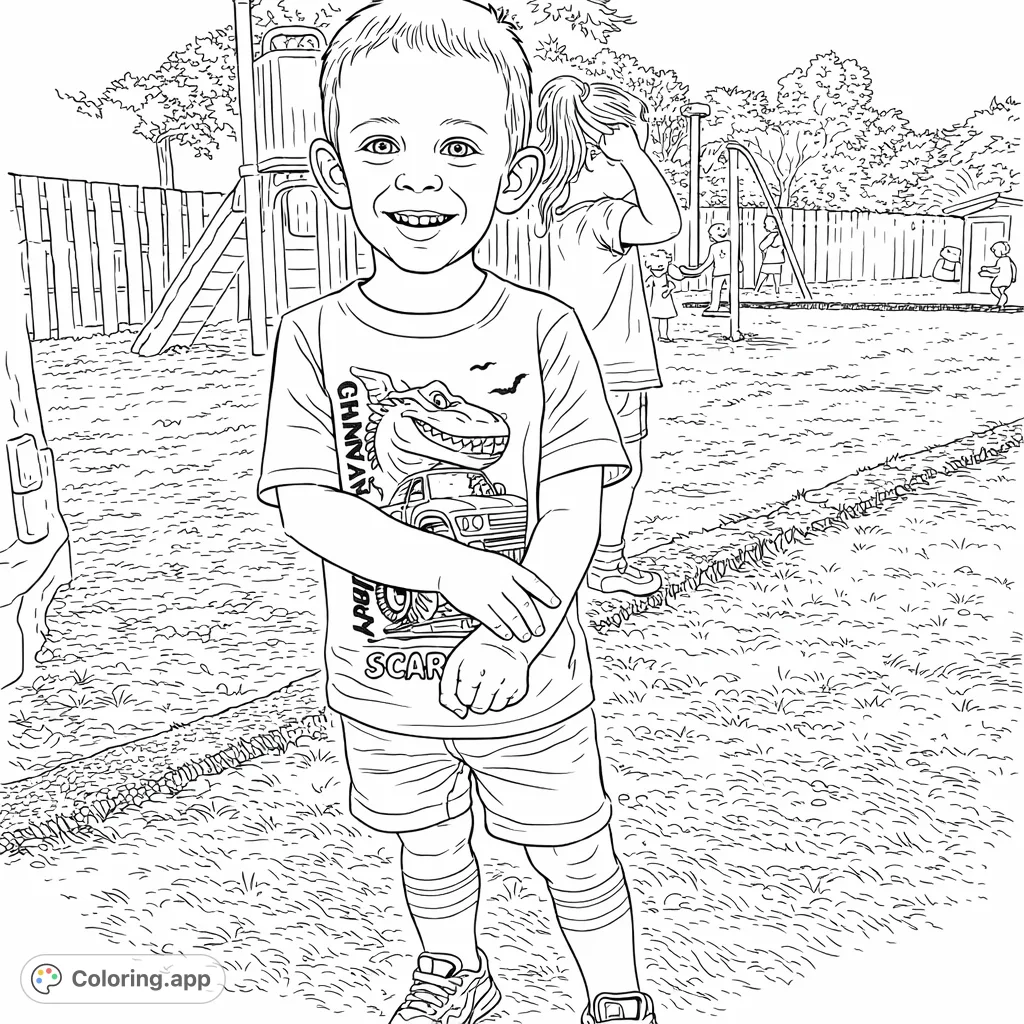 A cheerful child smiles on a lively playground with friends and play equipment in the background. A delightful scene for kids to color and enjoy, encouraging creativity.