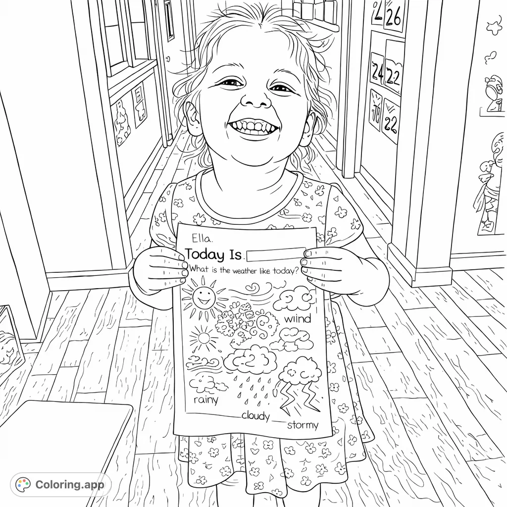 A joyful child holds a weather chart with sunny, cloudy, windy, rainy, snowy, and stormy icons. A delightful scene for learning and coloring.