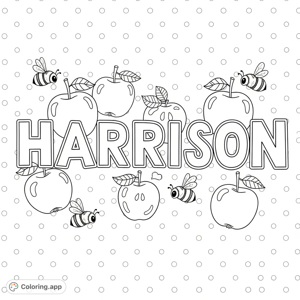 A delightful Harrison coloring page, perfect for name recognition and writing practice. Features large outlined letters, playful apples, and buzzing bumblebees.