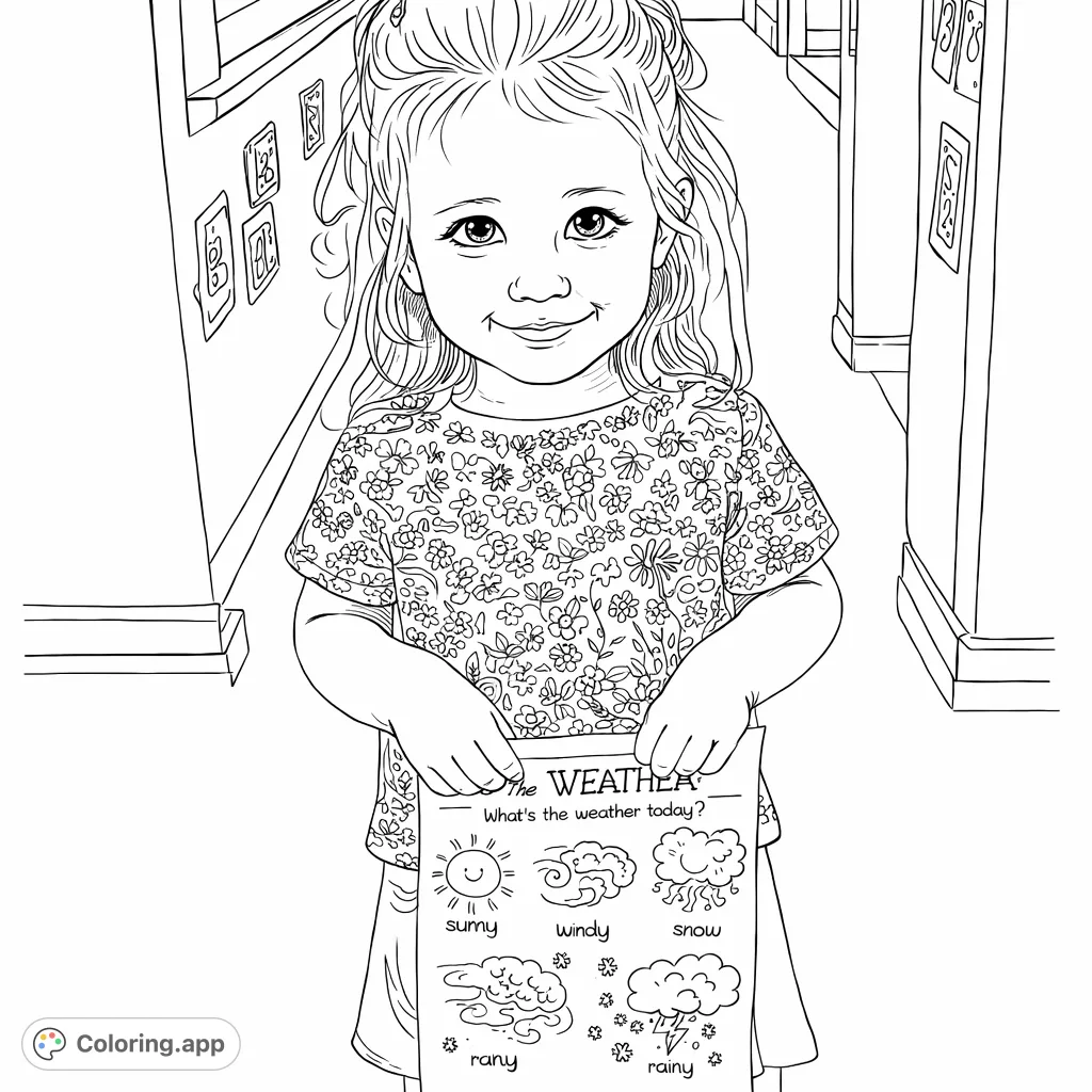 A cheerful young girl proudly holds her weather activity sheet, featuring various weather symbols. A fun and educational coloring page for all ages.