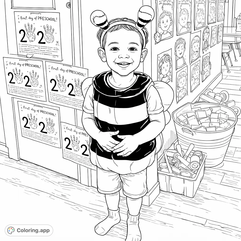 A cheerful child in a striped bee costume, smiling in a lively preschool classroom filled with educational decorations, play items, and 'first day' signs.
