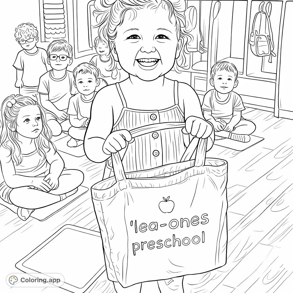 Capture the joy of childhood with a smiling preschooler proudly holding her 'Tea-Ones Preschool' tote bag among friends in a vibrant classroom setting.