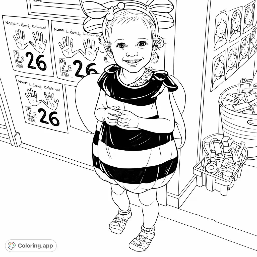 A delightful child in a striped bee costume with antennae and wings, standing in a playful classroom setting, ready for creative coloring fun.