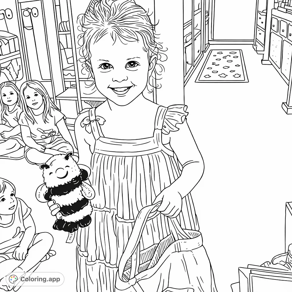 A delightful coloring page featuring a smiling child holding a plush bee toy and a tote bag in a classroom setting, perfect for young artists.