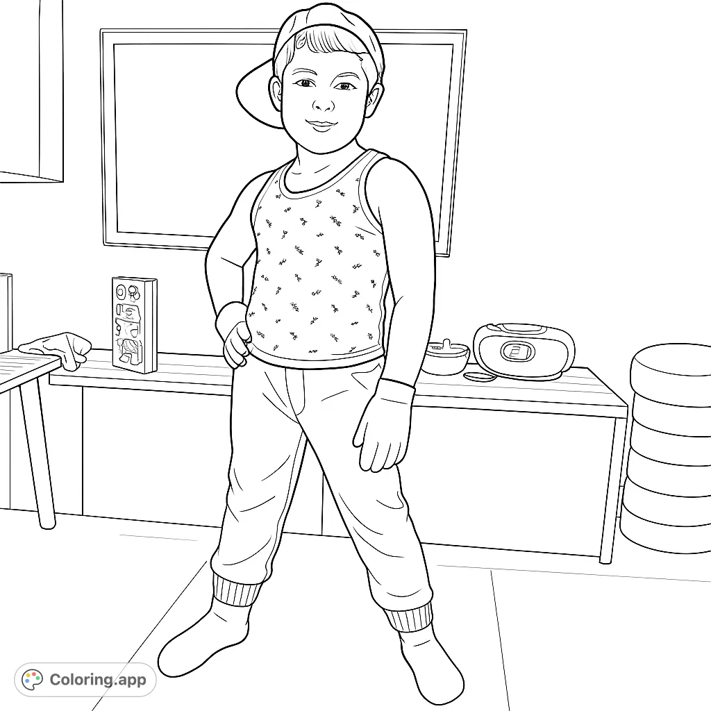 A confident young boy in a cap and patterned tank top strikes a pose in a modern room, ready for creative coloring fun.