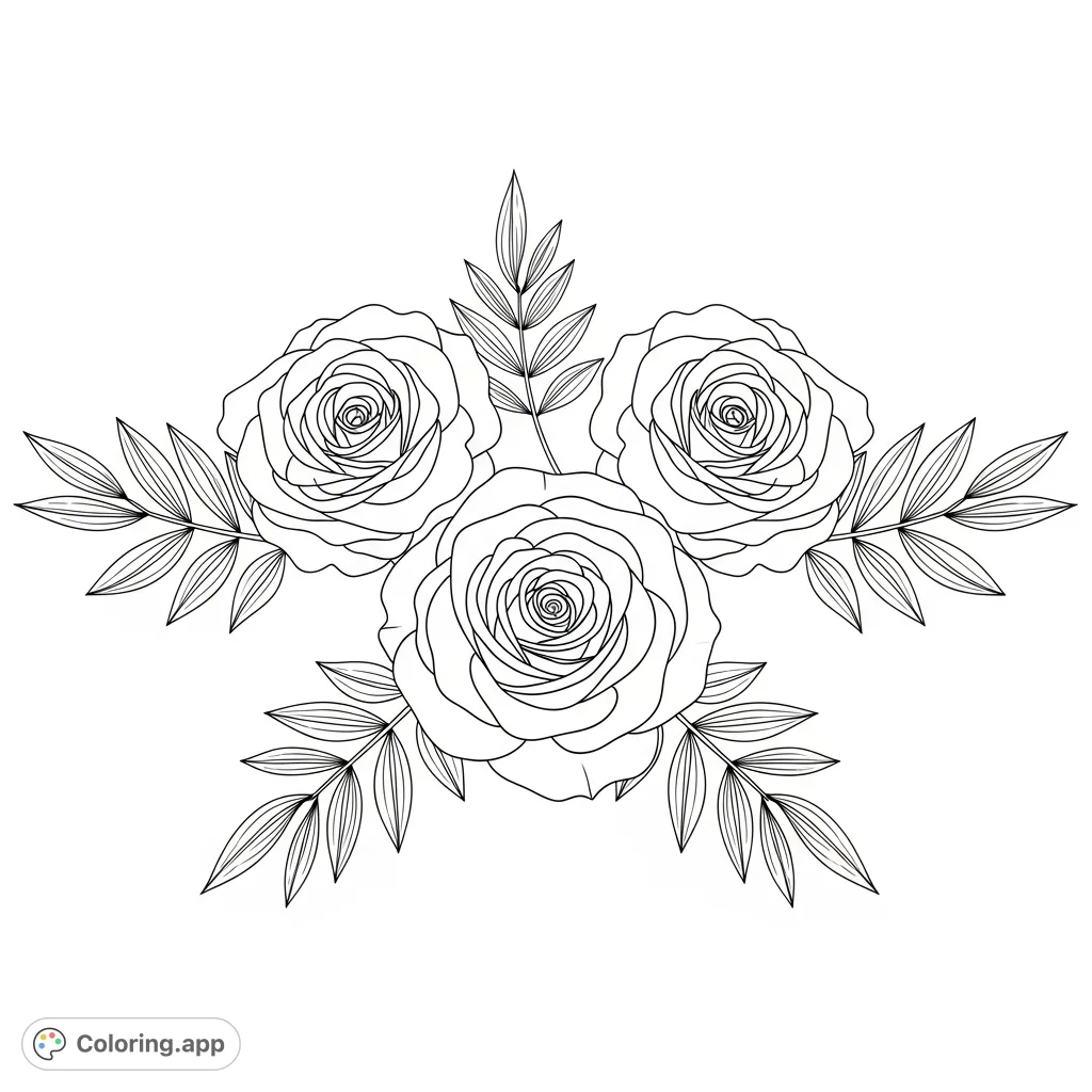 Elegant Symmetrical Rose Trio - Coloring.app