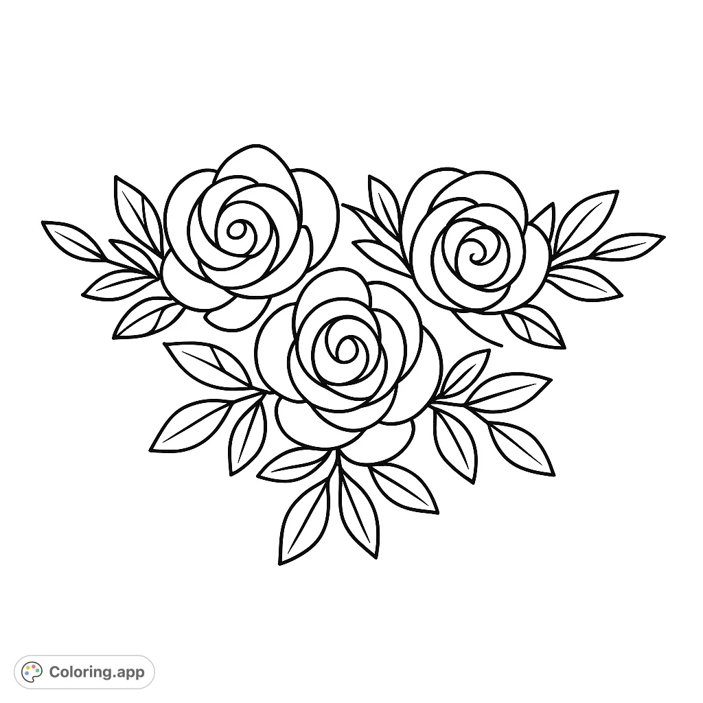 A charming floral coloring page featuring three elegant roses surrounded by delicate leaves, perfect for a relaxing creative activity.
