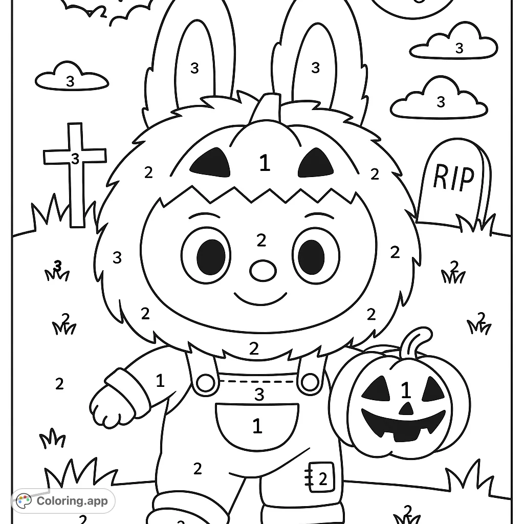 A charming creature in a pumpkin costume holds a jack-o'-lantern, surrounded by spooky elements like bats and tombstones. Perfect for seasonal fun!