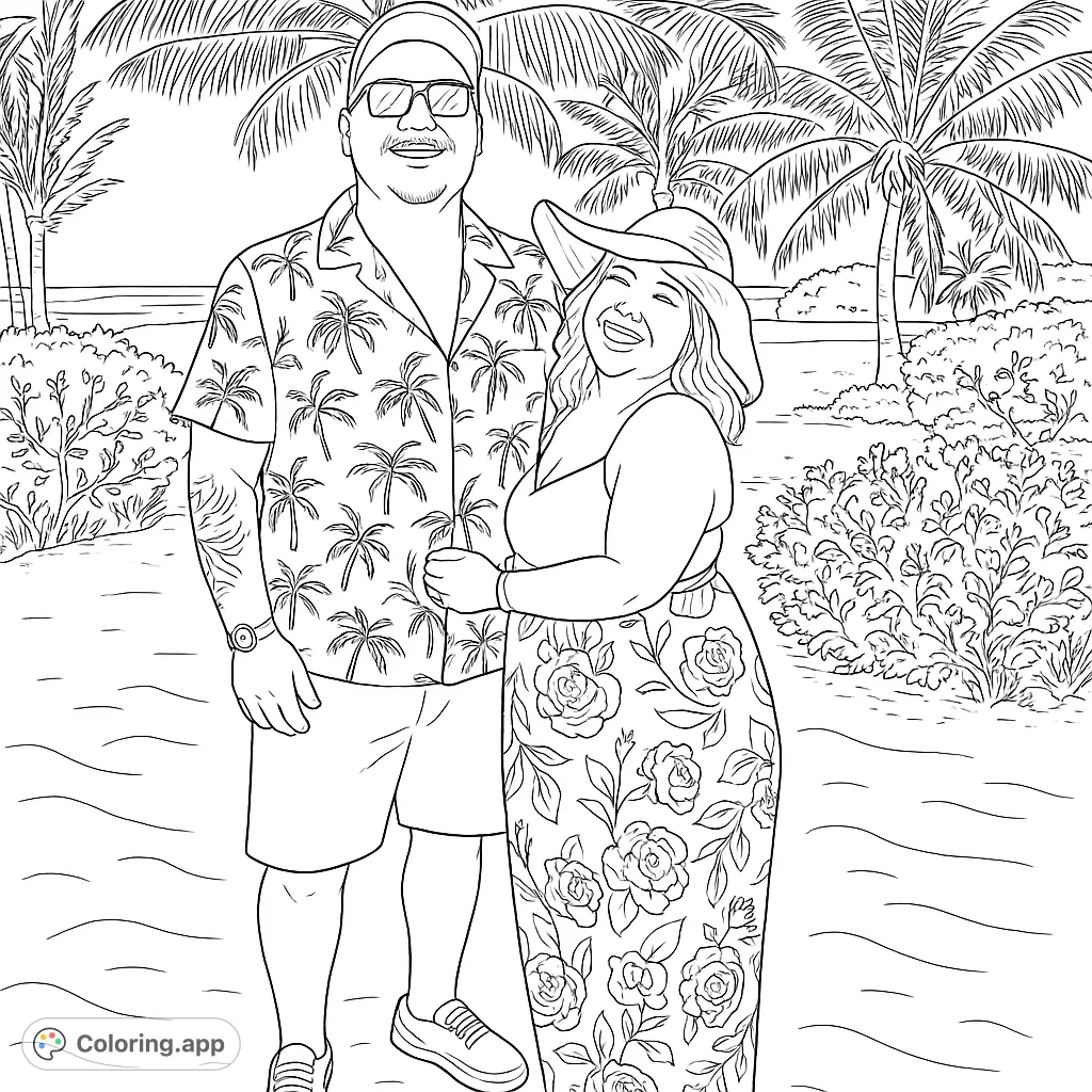 Capture the joy of a tropical getaway with this couple on a sunny beach. Features palm trees, ocean waves, and detailed clothing patterns for a relaxing coloring experience.