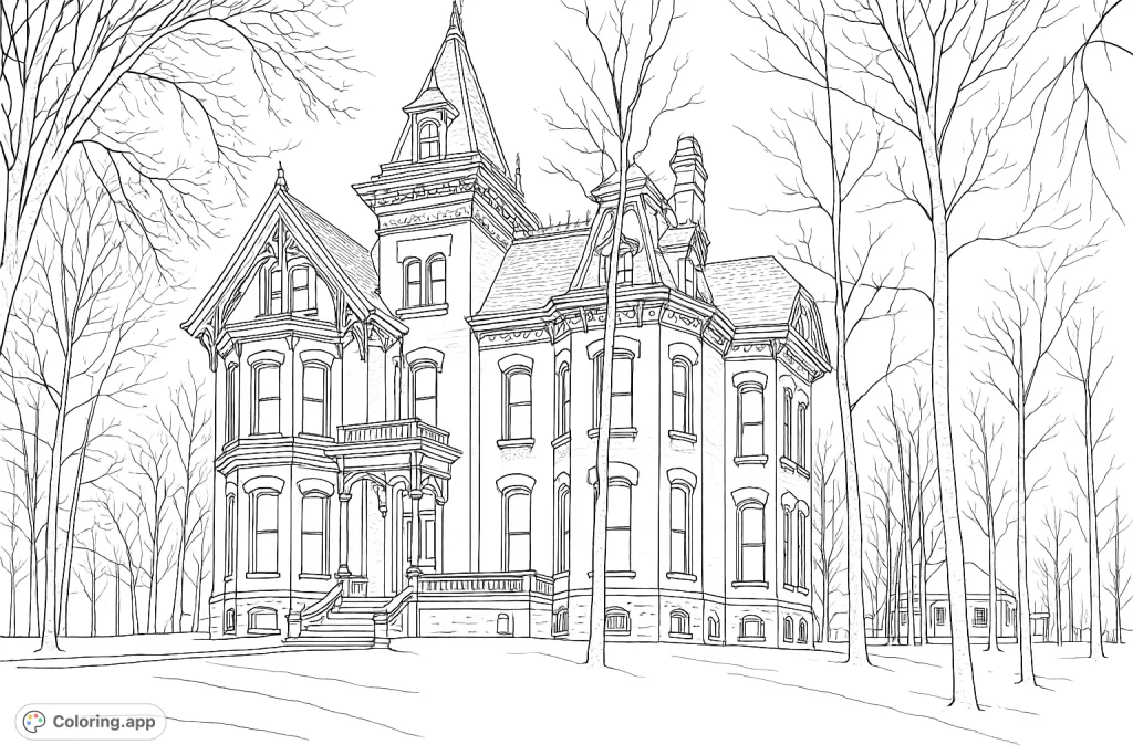 Explore a magnificent Victorian mansion coloring page, featuring intricate architectural details, a towering turret, and elegant bay windows. A challenging and rewarding design.