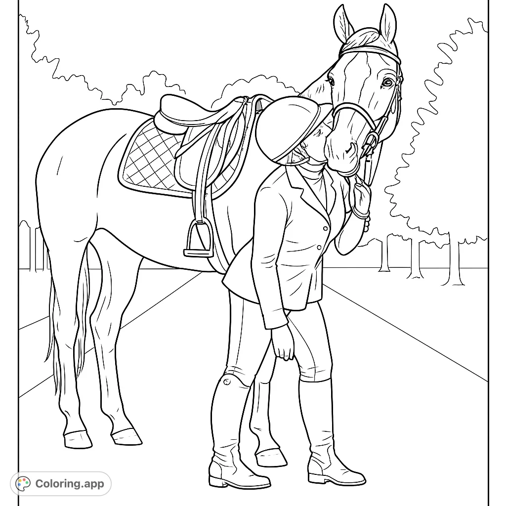 Capture the tender bond between a rider and their horse in this detailed equestrian scene. Perfect for horse lovers to personalize with their favorite colors.