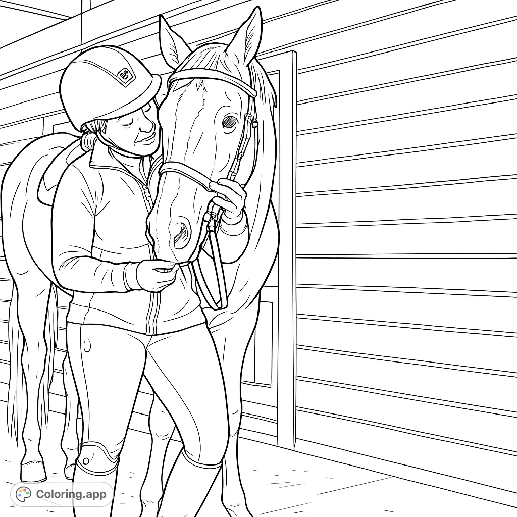 Capture the serene bond between a rider and her horse in a detailed stable setting. Perfect for horse enthusiasts and those who love realistic animal scenes.