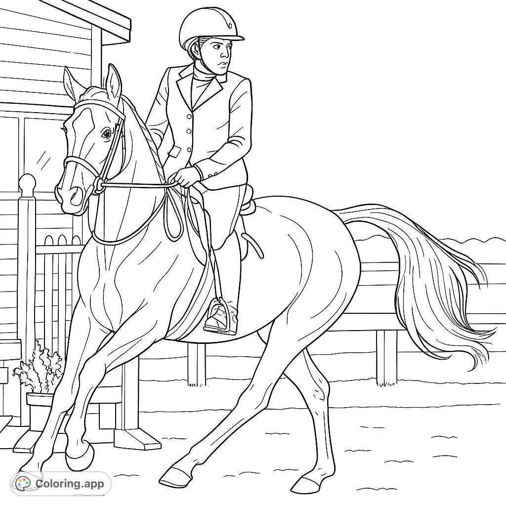 A detailed coloring page featuring a horse and rider in motion, showcasing the elegance of equestrian sport with intricate tack and a dynamic pose.