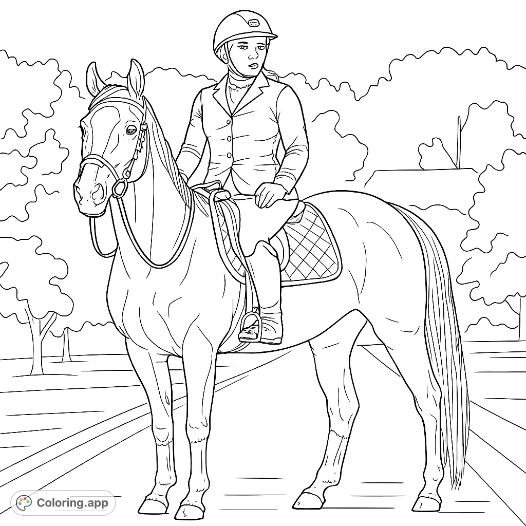 An elegant equestrian rider atop a majestic horse, poised on a scenic path. This detailed scene captures the grace of horseback riding, perfect for all ages.