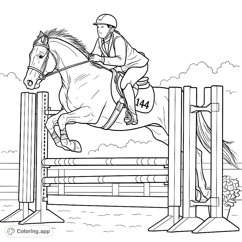 Capture the thrill of equestrian sport with this horse and rider jumping coloring page. Perfect for horse lovers to bring to life with their favorite shades.