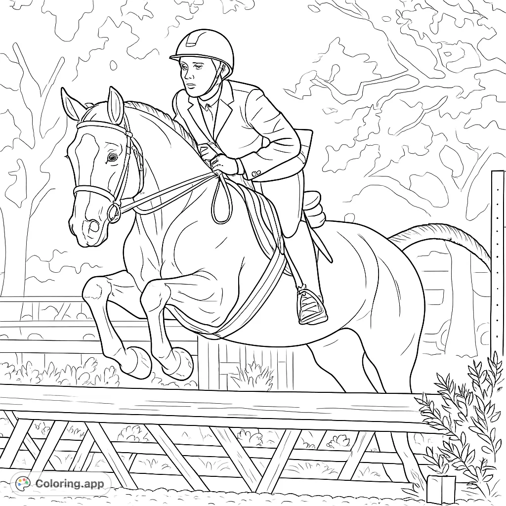 Experience the thrill of equestrian show jumping! This dynamic coloring page features a horse and rider soaring over an obstacle, perfect for horse enthusiasts.