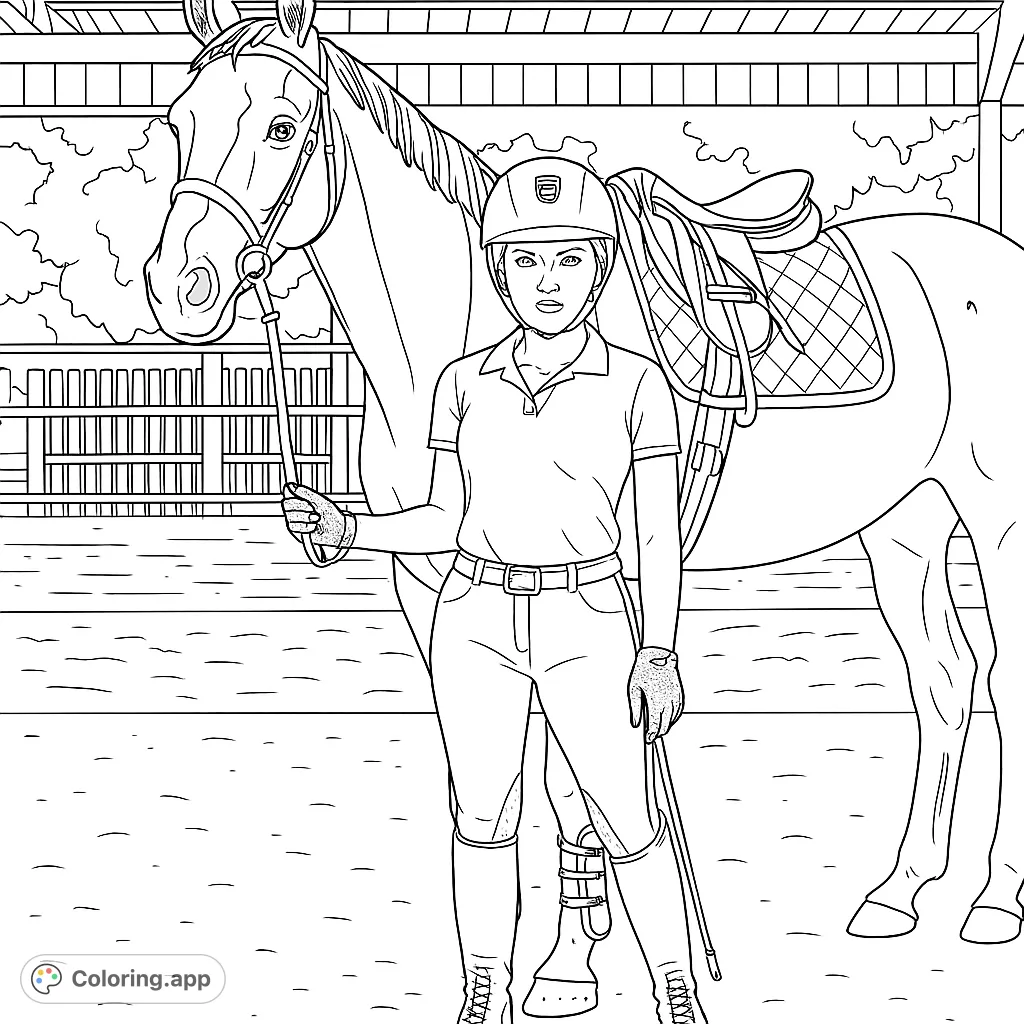 An elegant equestrian rider in full gear stands proudly with her majestic horse in a stable setting. A detailed horse coloring page for all ages.