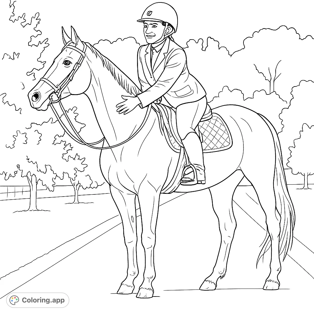 A graceful equestrian and her horse stand on a path, ready for a ride. This detailed coloring page captures the elegance of the sport.