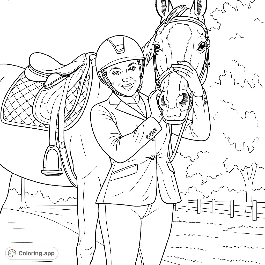 Capture the bond between a rider and her horse in this detailed equestrian coloring page. Perfect for horse lovers to bring to life with intricate shading.