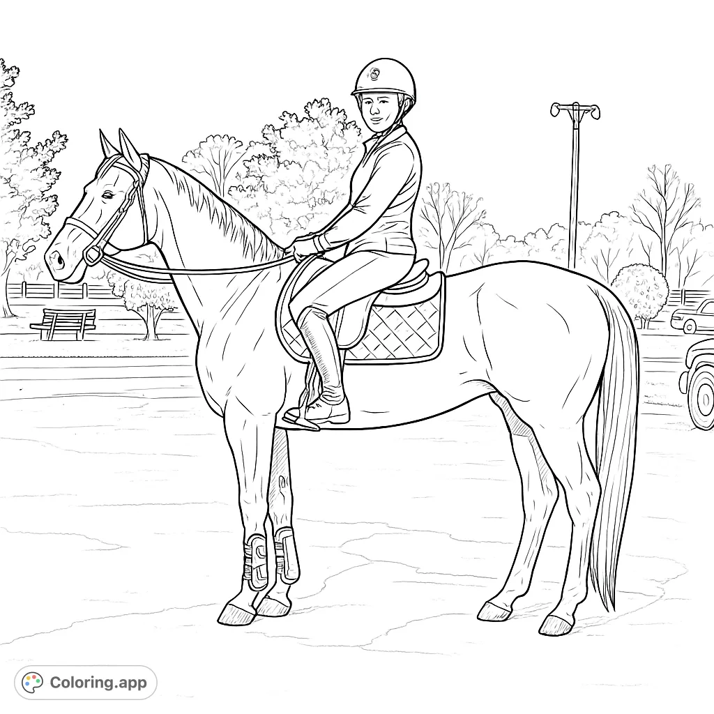 Capture the elegance of equestrian sport with this horse and rider coloring page. Features a detailed horse, rider in full gear, and a scenic outdoor setting.