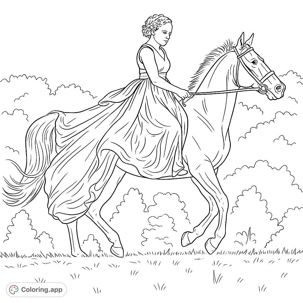 A majestic horse and rider in a dramatic, flowing gown, captured in mid-gallop across an open field. A beautiful scene for creative expression.