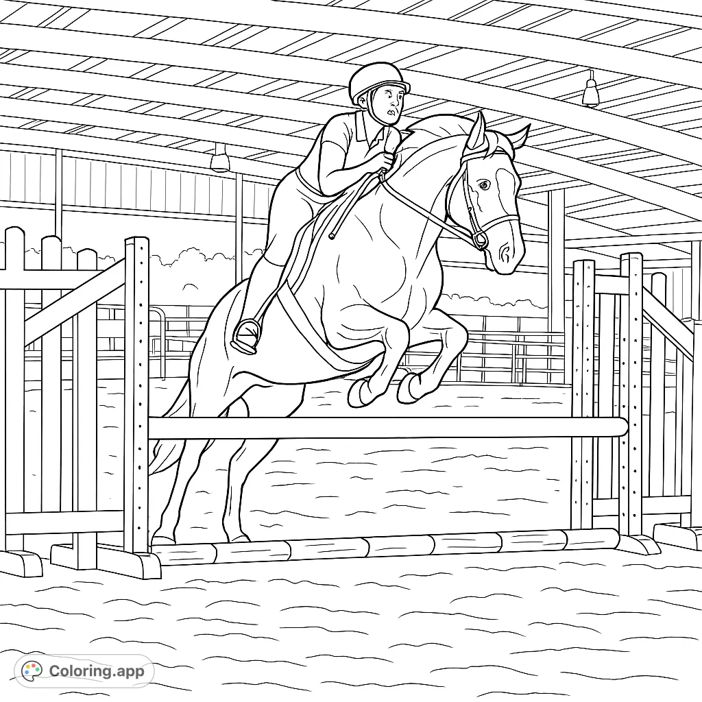 Capture the thrill of equestrian sport with this horse and rider jumping coloring page. Perfect for horse lovers to bring to life with their favorite shades.