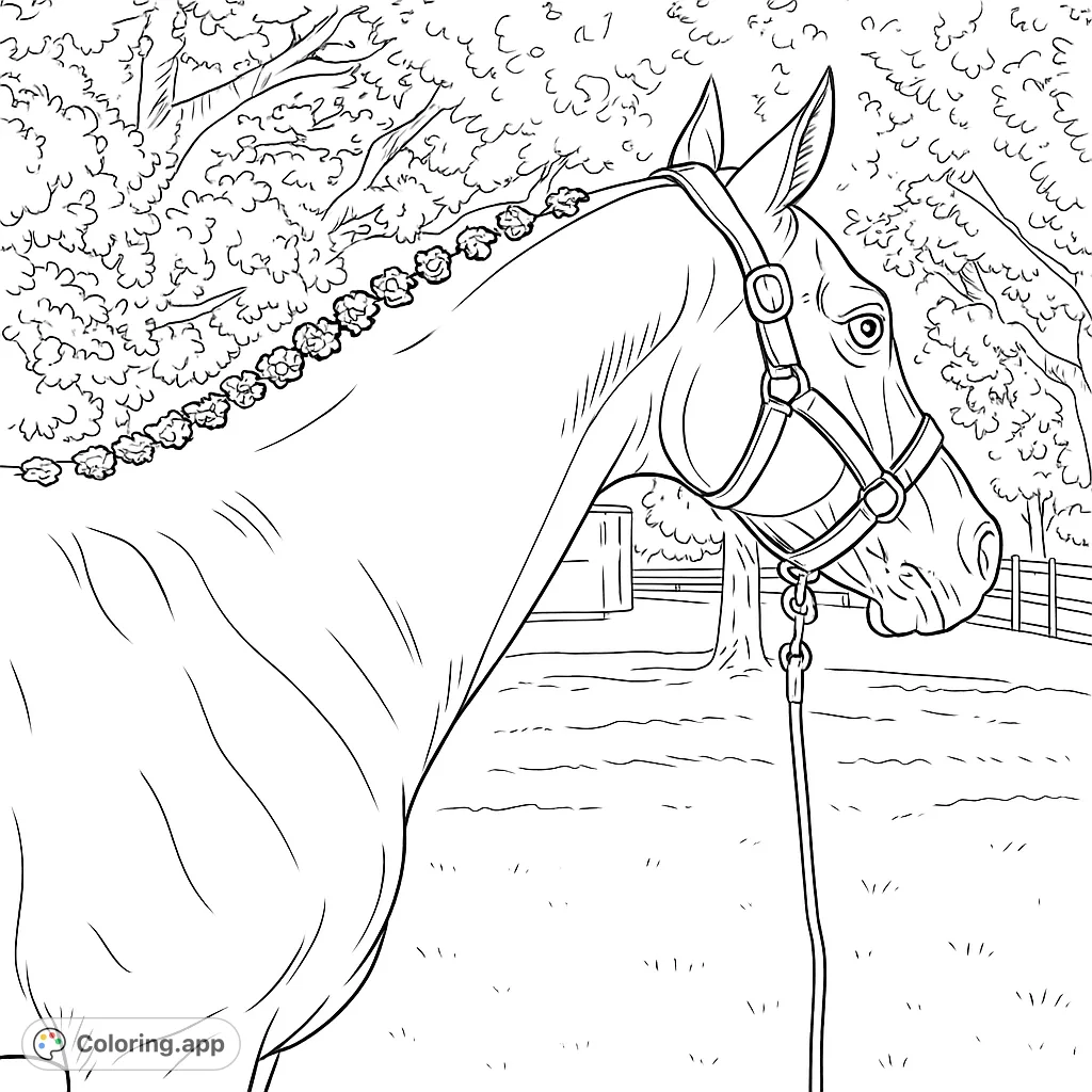Color a beautiful horse with a braided mane and detailed bridle, set against a serene outdoor backdrop with a large tree and grassy field.