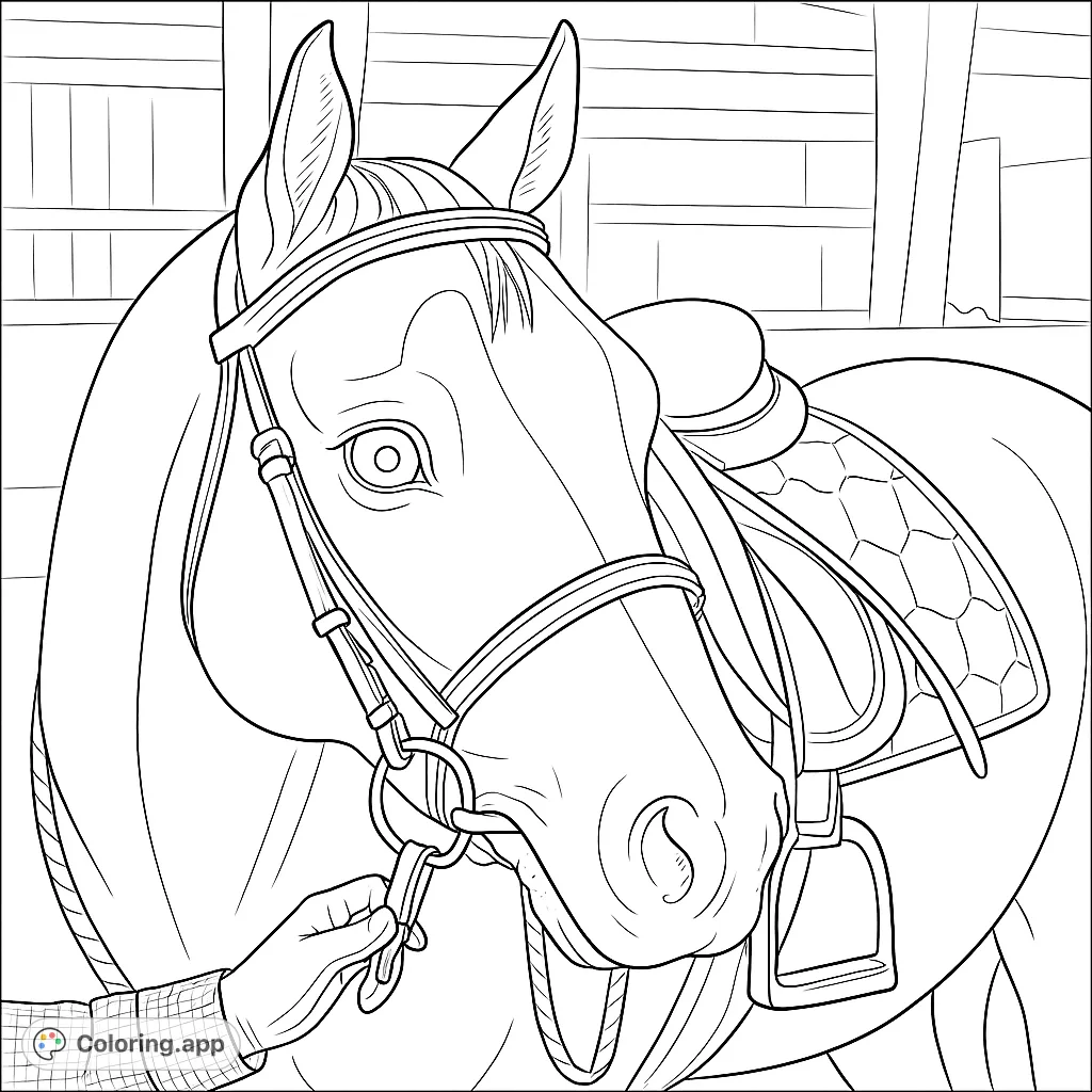 Color a majestic horse with a detailed bridle and saddle, featuring a distinctive blaze and expressive eye. Perfect for equestrian enthusiasts!