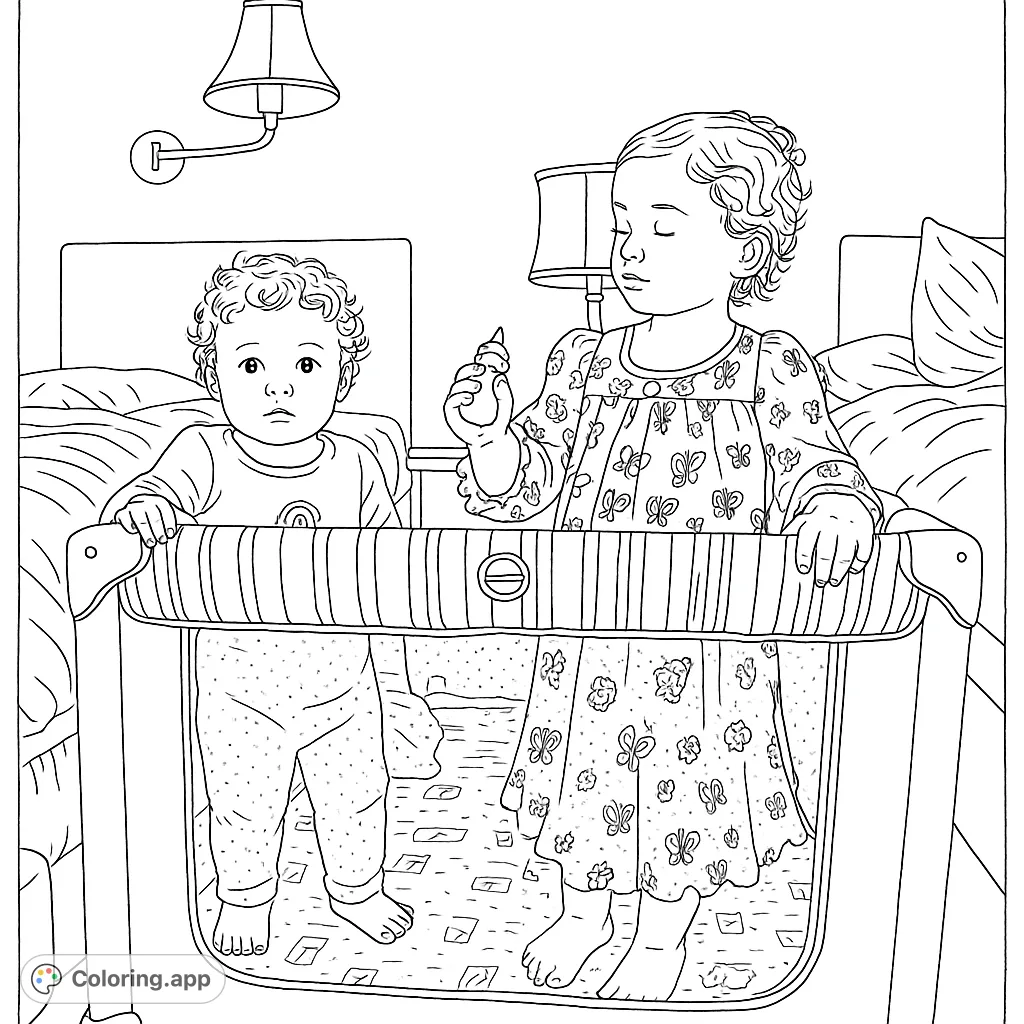 A heartwarming children playing coloring page featuring two toddlers in a cozy bedroom, perfect for family-themed creative fun and relaxation.