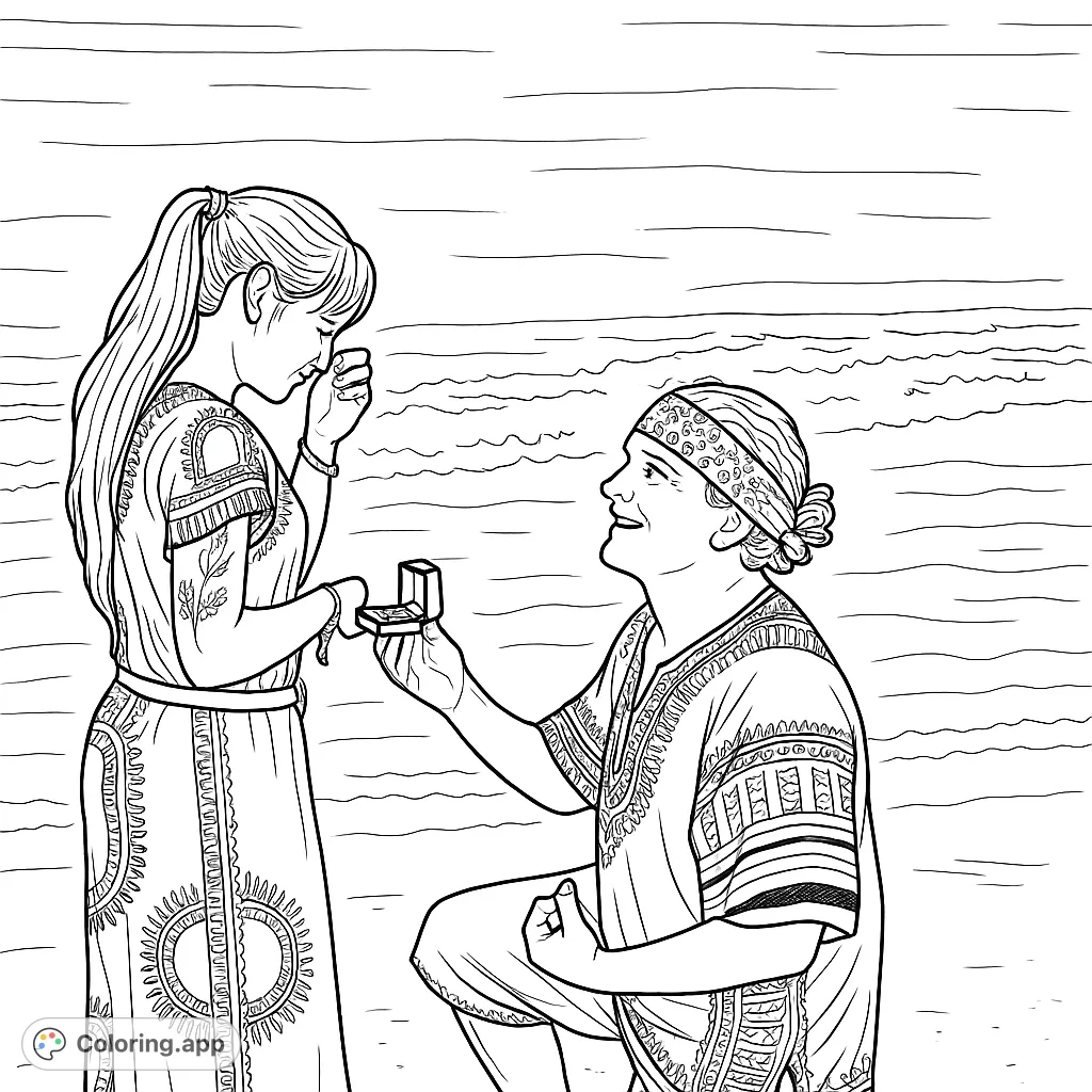 Capture a heartfelt beach proposal scene. A man kneels, offering a ring to a surprised woman, set against a serene ocean backdrop. Perfect for celebrating love.