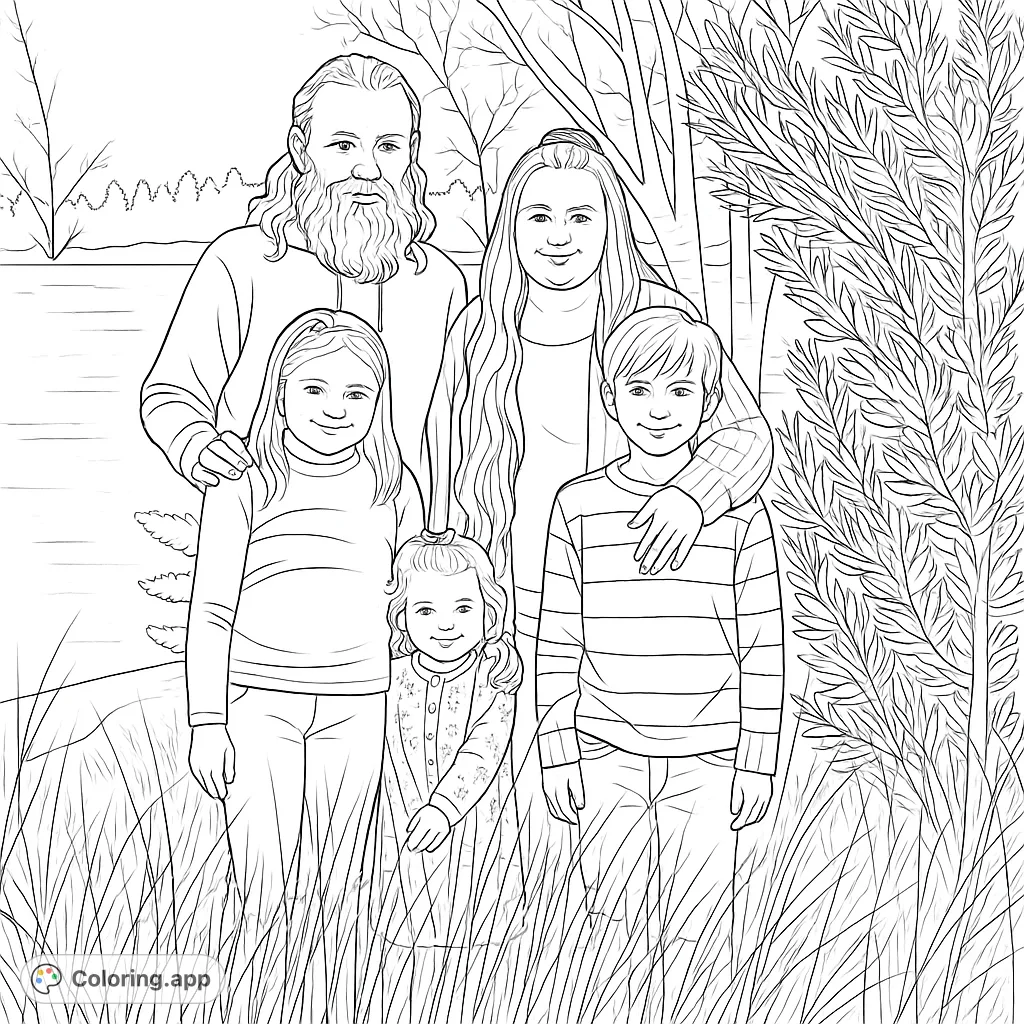 A heartwarming family portrait featuring two adults and three children amidst a scenic outdoor landscape with a lake and trees. Perfect for personalizing!