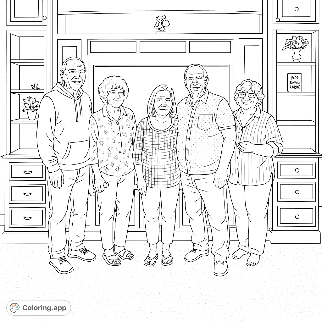 Capture the warmth of a family gathering with this detailed portrait coloring page. Features five smiling adults in front of a grand entertainment center.