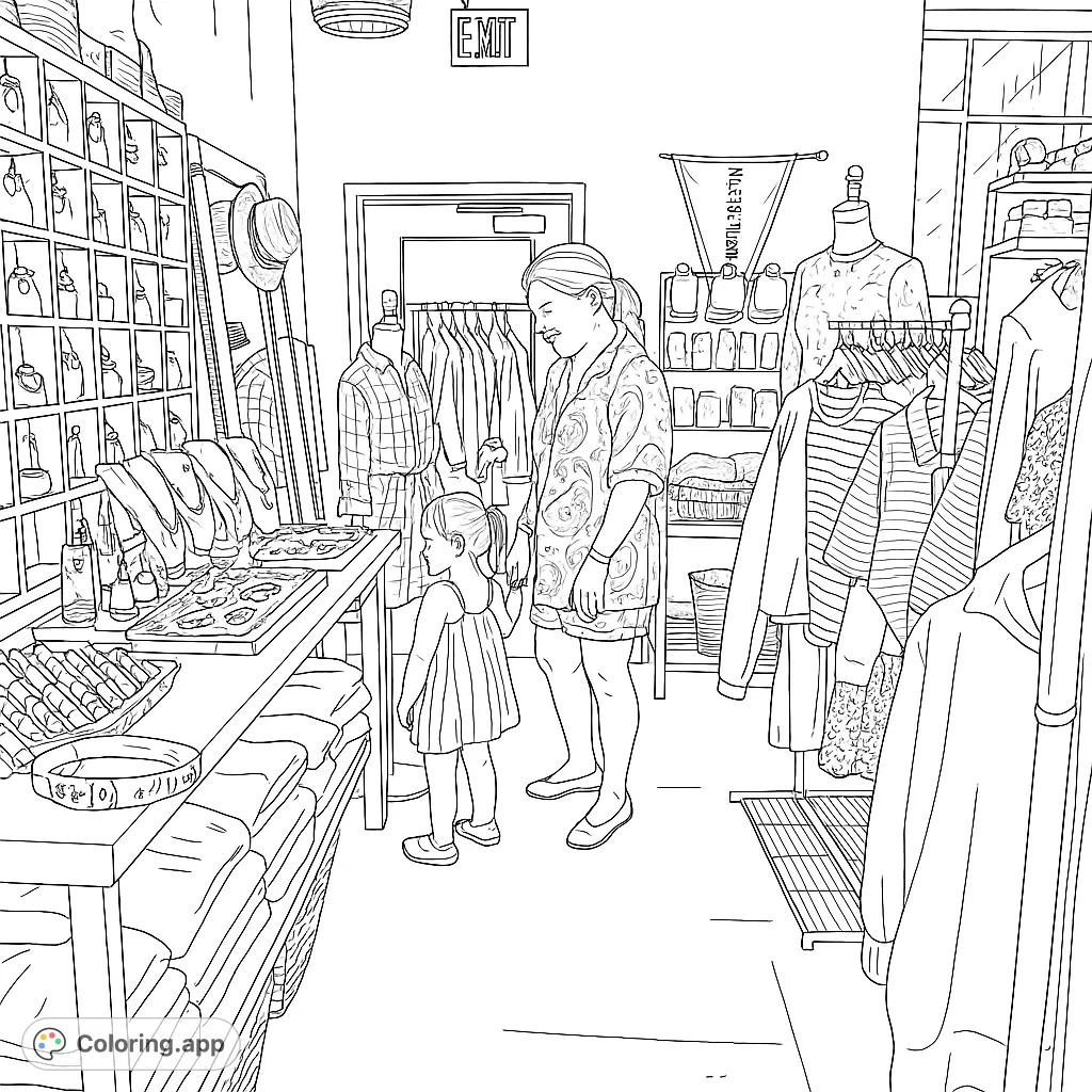 Explore a charming boutique scene with a woman and child browsing unique merchandise, from intricate jewelry to stylish apparel, perfect for detailed coloring.
