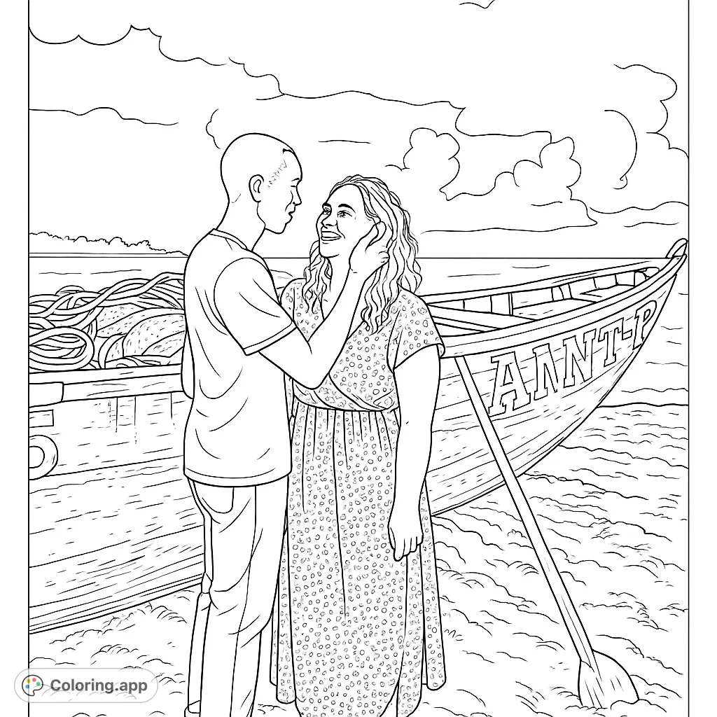 A loving couple shares a tender moment on a sandy beach next to a rustic fishing boat. Perfect for a romantic coloring escape.