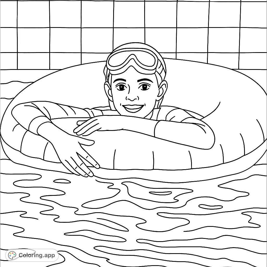 A cheerful child enjoys a swim, floating in a large inflatable ring. This fun pool scene is perfect for a relaxing summer coloring page adventure.