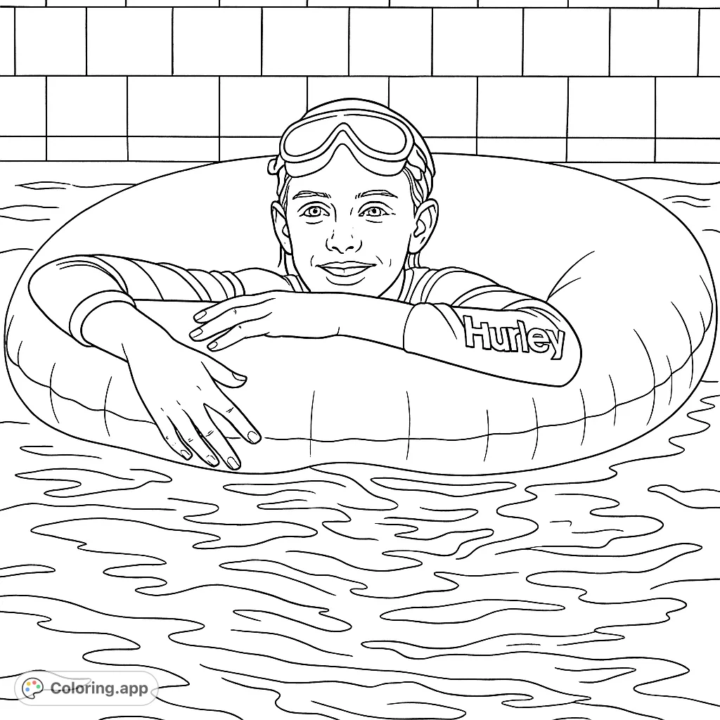 A cheerful young swimmer enjoys a relaxing moment in a pool, floating in a large inflatable ring with goggles on. Perfect for a fun coloring session.