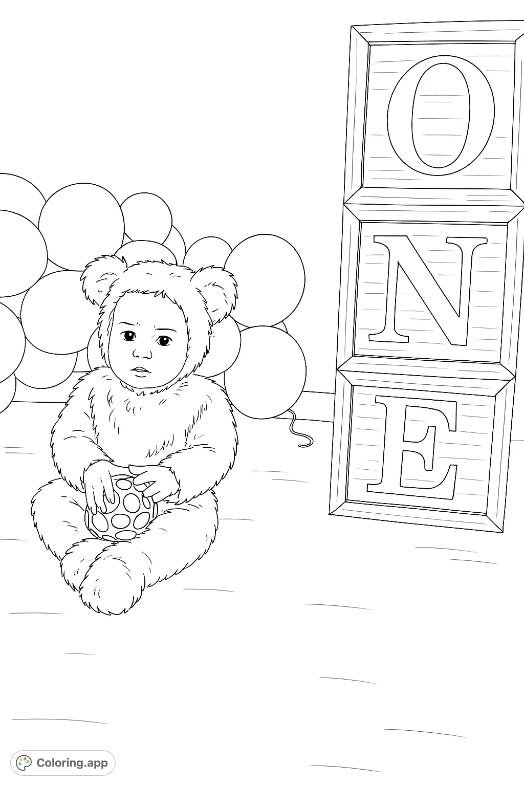 Celebrate a special milestone with this adorable baby bear coloring page! A fluffy cub sits with balloons and 'ONE' blocks, ready for your creative touch.