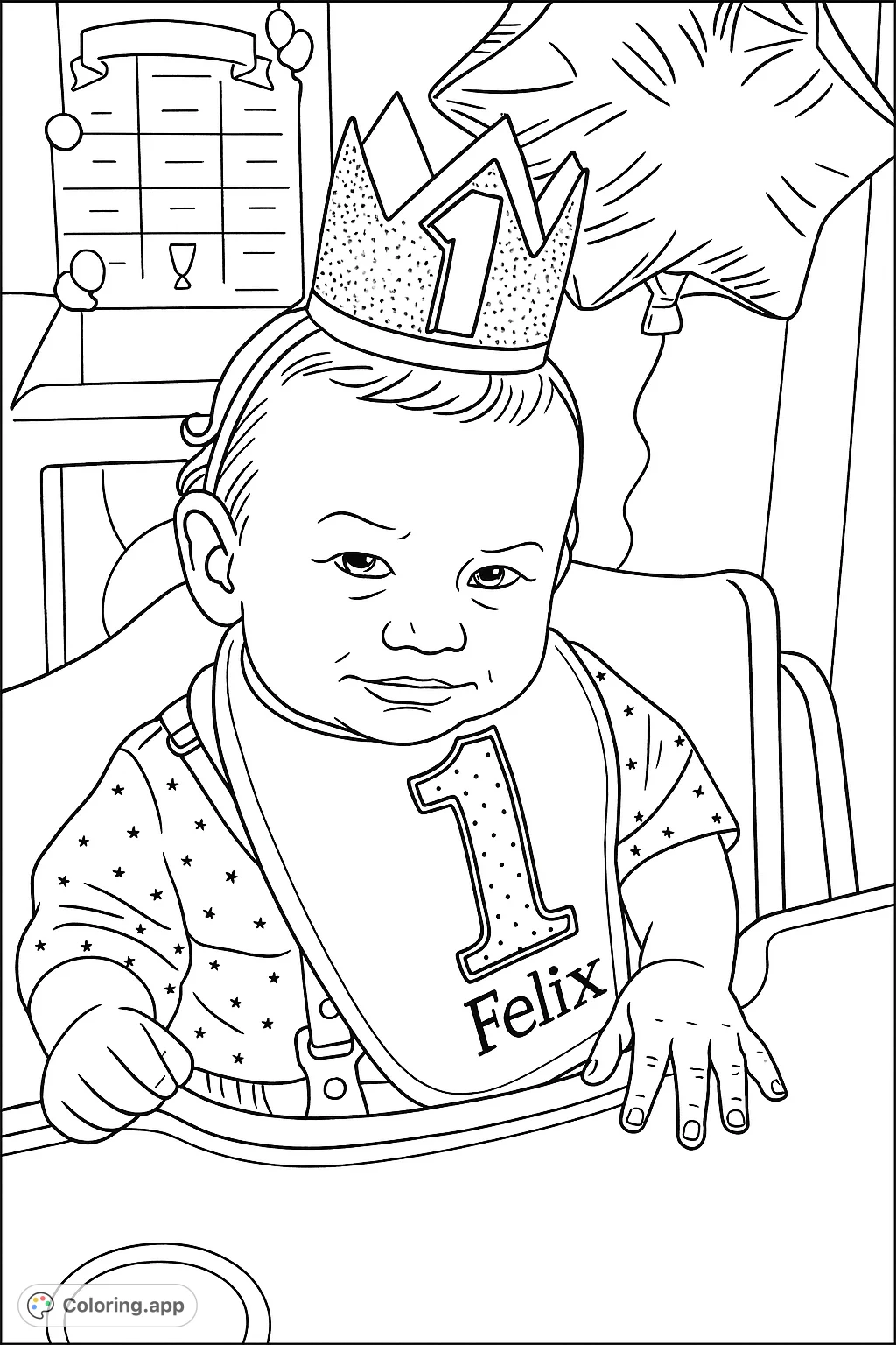 Celebrate a special milestone with this adorable first birthday baby coloring page, featuring a baby in a crown and a bib with the number one.