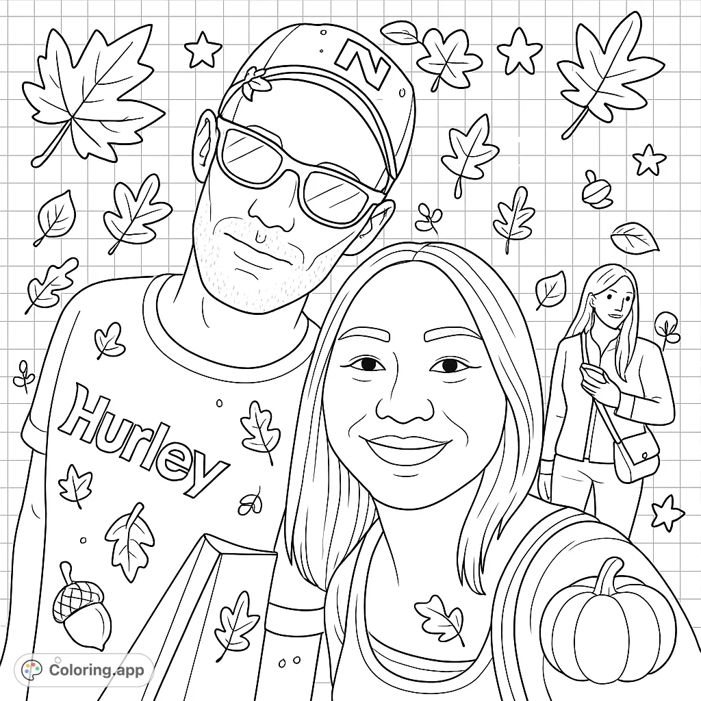 Capture a moment of city life with this engaging coloring page featuring two smiling individuals against a detailed urban backdrop.