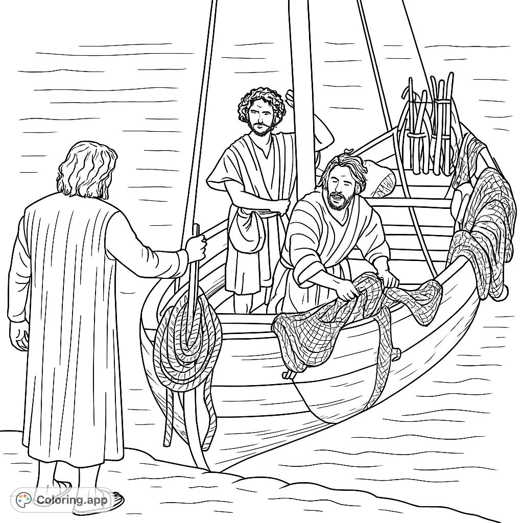 Explore a historical scene of three fishermen with their traditional wooden boat and nets. A detailed coloring page perfect for history enthusiasts and those who enjoy maritime themes.