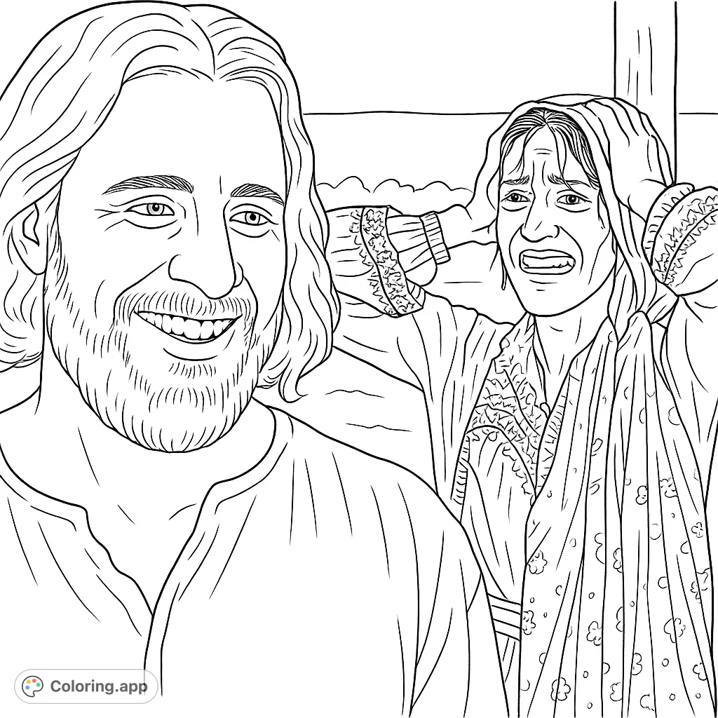 Capture a moment of pure joy with two smiling figures, one with a beard and long hair, the other with a head covering, set against an open landscape.