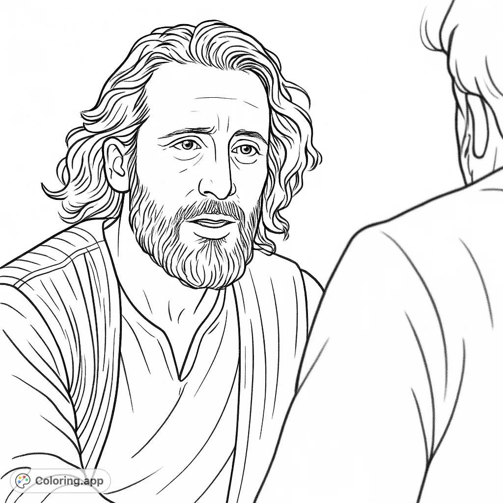 Capture a profound moment with this religious figure, featuring a man with long hair and beard in deep conversation against a clear sky.