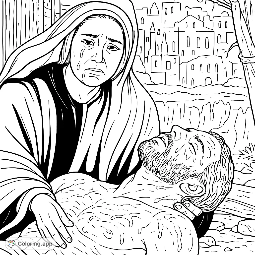 A poignant scene depicting a woman cradling a man, conveying deep sorrow and compassion amidst a desolate backdrop. A powerful religious coloring page.