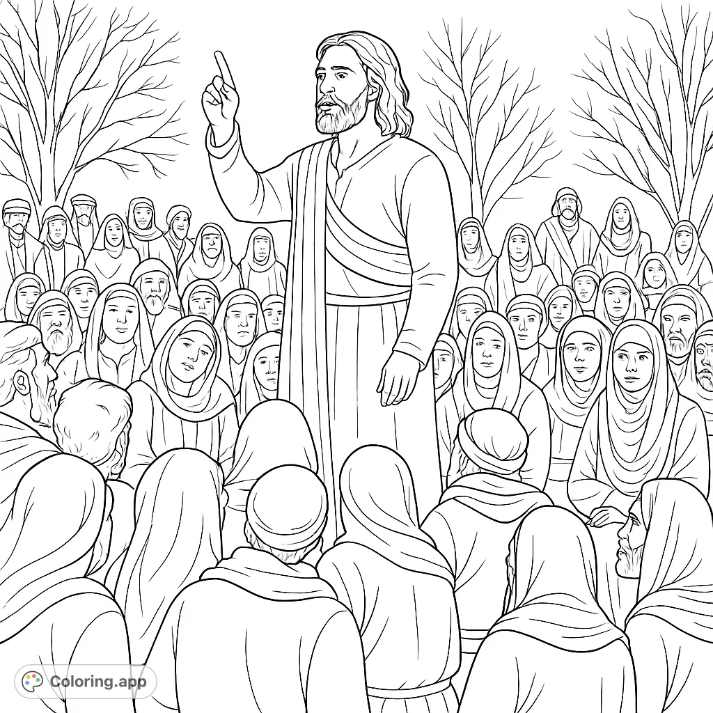 An inspiring scene of a central figure addressing a large, attentive crowd in an outdoor setting, perfect for reflection and creative expression.