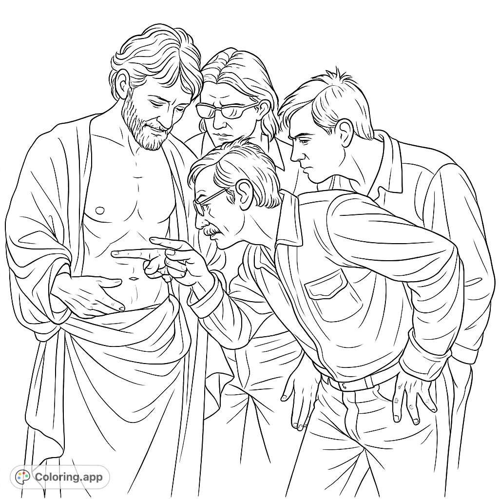 A powerful scene depicting a central figure revealing a wound to an examining individual, surrounded by other observers. A moment of profound inquiry.