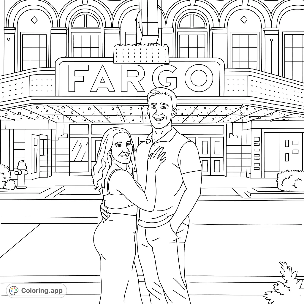 A joyful couple poses in front of a historic theater marquee, capturing a memorable moment. Perfect for a romantic coloring page.