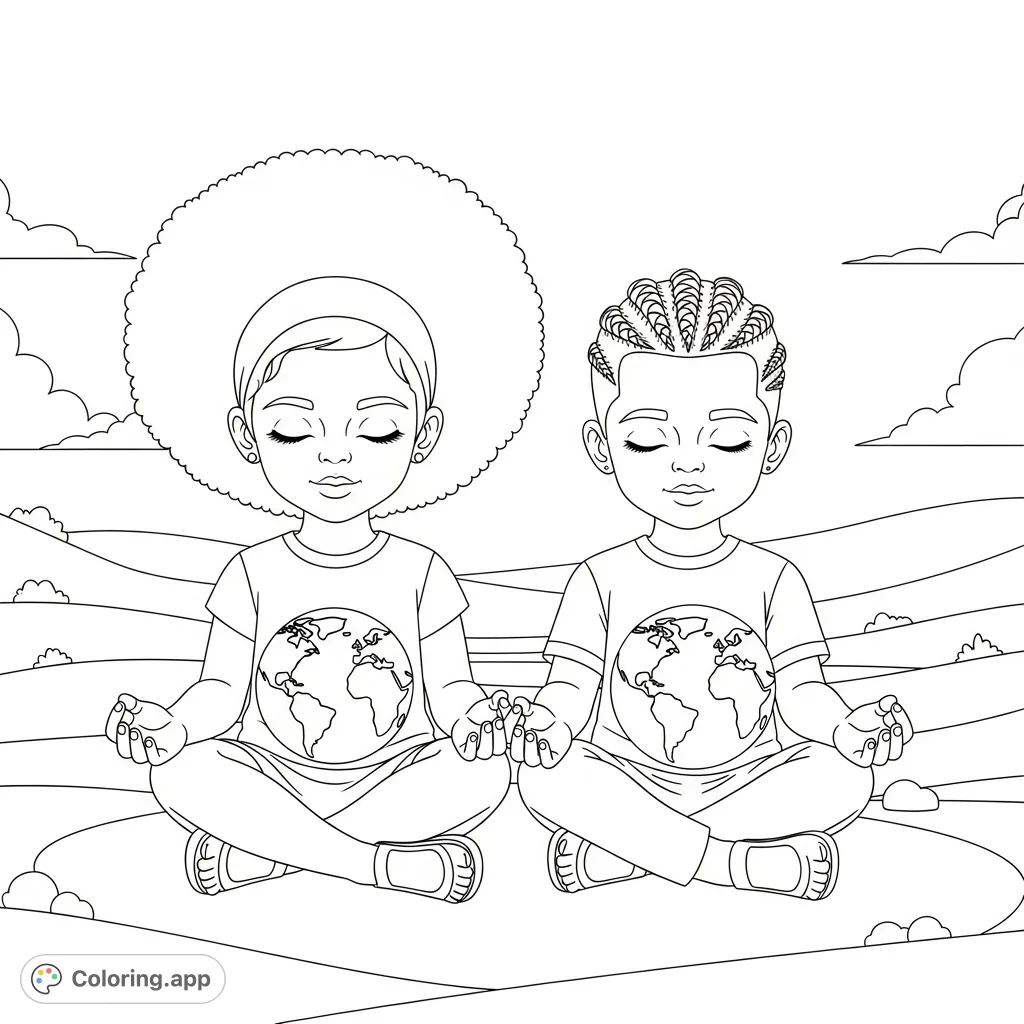 Two serene children, one with an Afro, one with cornrows, meditate side by side, each gently holding a small planet Earth. A peaceful scene for mindfulness.