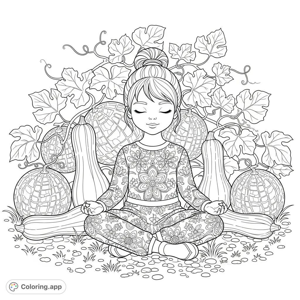 A peaceful little girl with a ponytail meditates amidst a bountiful garden of squash and melons, wearing a floral jumpsuit. A serene and charming scene.