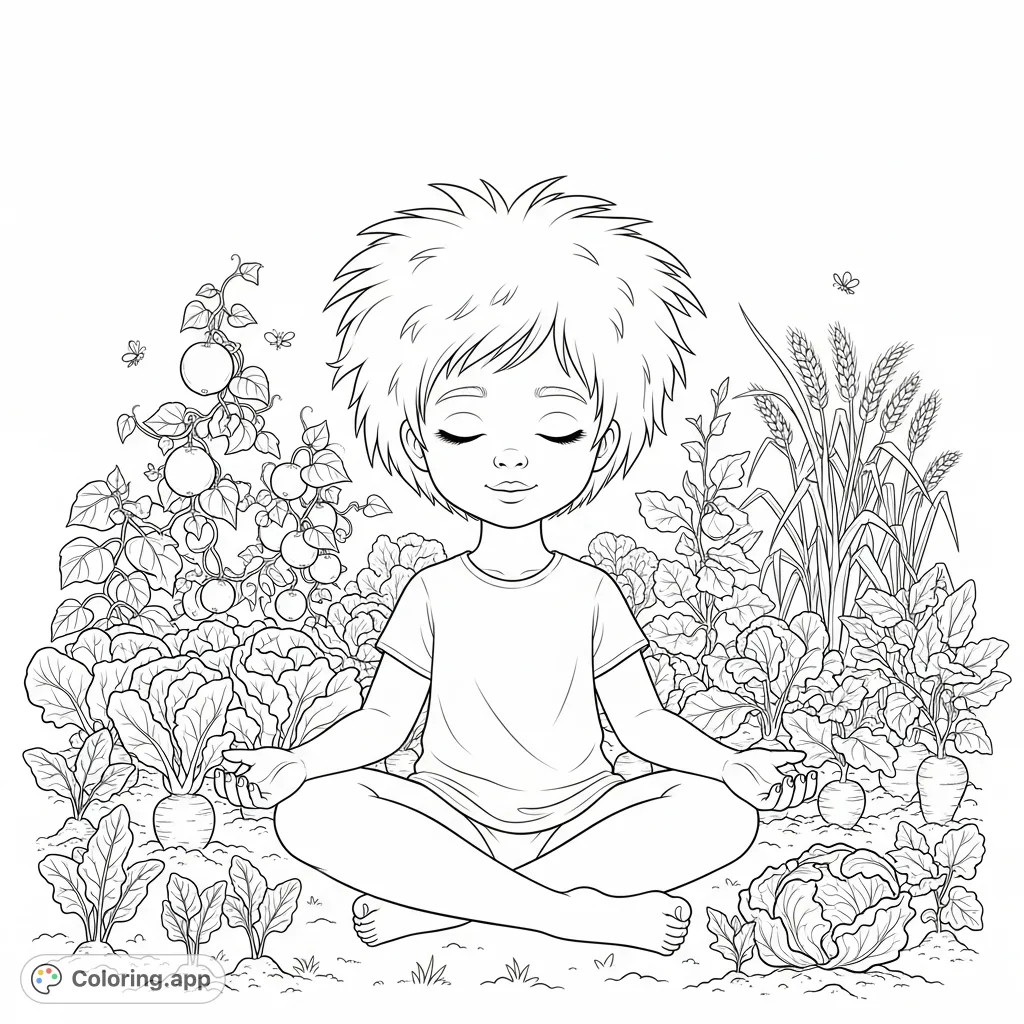 Discover tranquility with this meditation coloring page featuring a little girl amidst a bountiful food garden. A free printable coloring page for mindfulness.