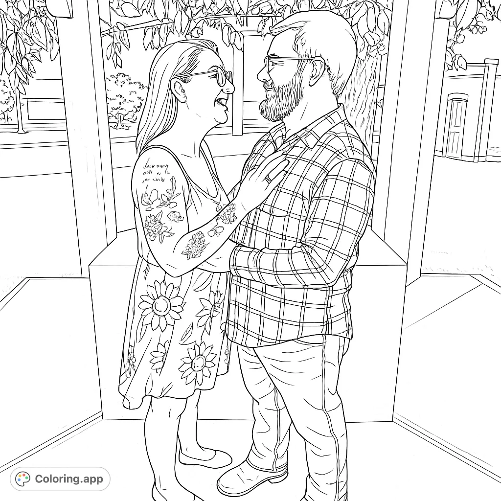 Capture a tender moment between a couple under an archway, featuring detailed clothing patterns and a serene outdoor setting. Perfect for romantic coloring.